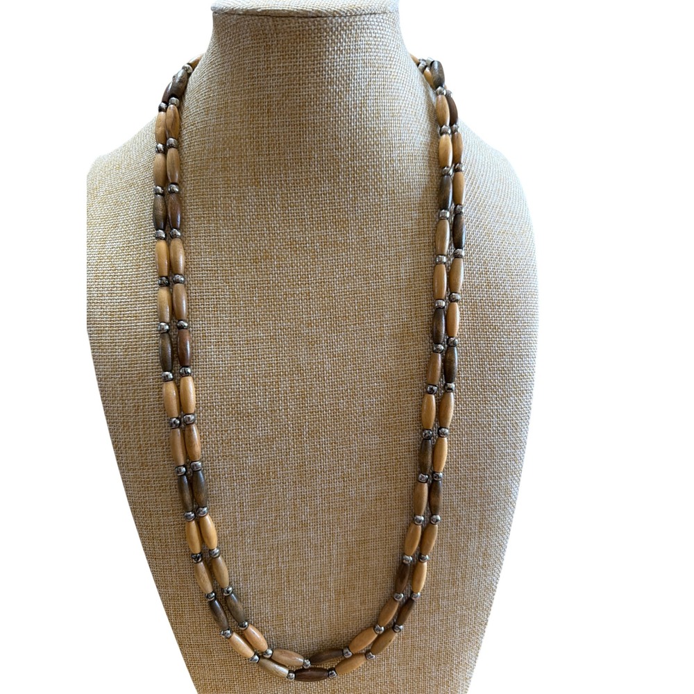 Vintage Boho Long Wood Bead Strand Necklace Brown Silver Tone Layering